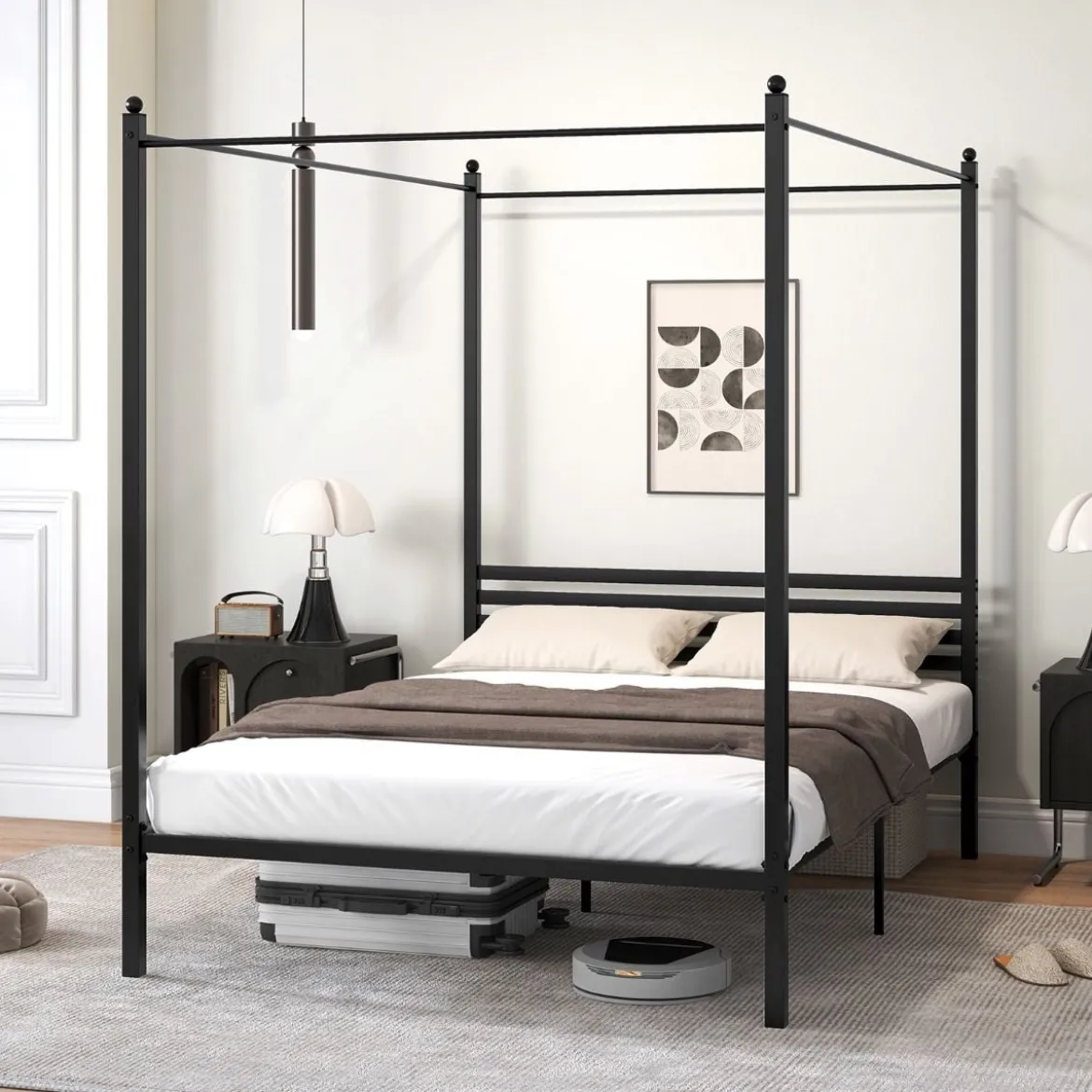 140 x 200 cm Himmelbett Bettgestell mit Lattenrost Metallbett Doppelbett Bettrahmen Schwarz