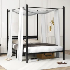 140 x 200 cm Himmelbett Bettgestell mit Lattenrost Metallbett Doppelbett Bettrahmen Schwarz
