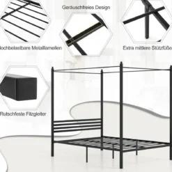 140 x 200 cm Himmelbett Bettgestell mit Lattenrost Metallbett Doppelbett Bettrahmen Schwarz