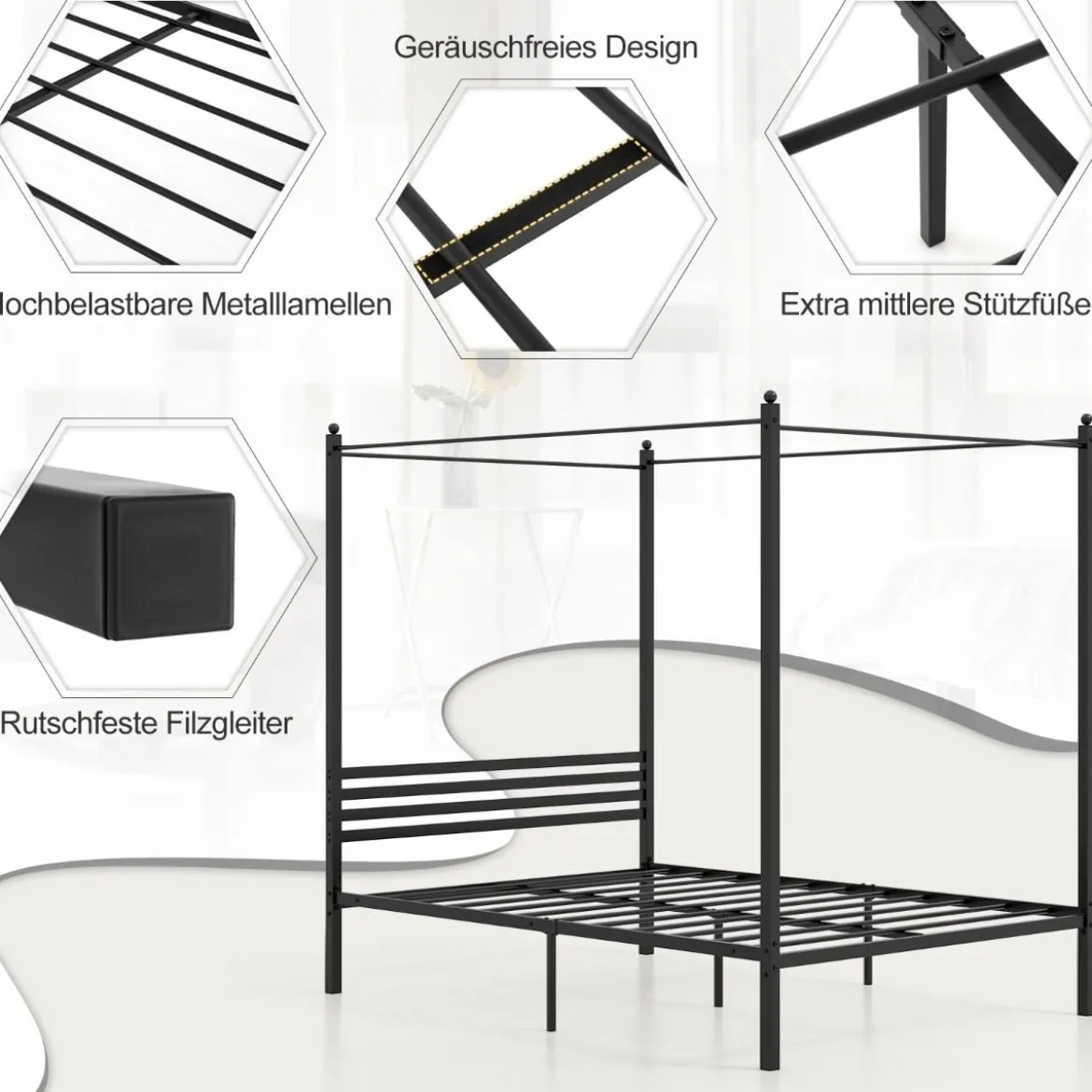 140 x 200 cm Himmelbett Bettgestell mit Lattenrost Metallbett Doppelbett Bettrahmen Schwarz