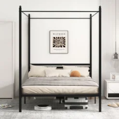 140 x 200 cm Himmelbett Bettgestell mit Lattenrost Metallbett Doppelbett Bettrahmen Schwarz