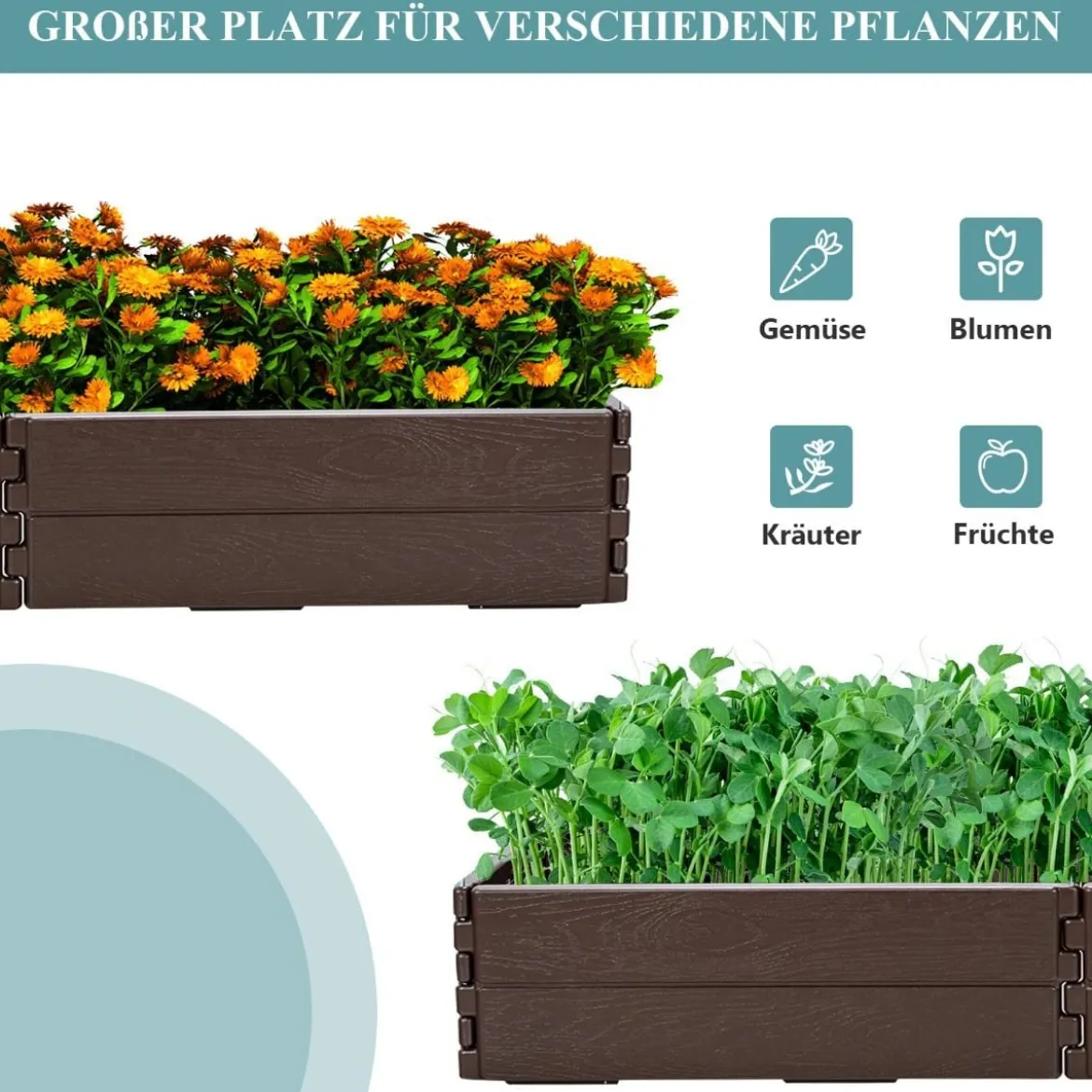 120 x 120 cm Hochbeet Sechseck-Outdoor-Pflanzkiste für Blumen Braun