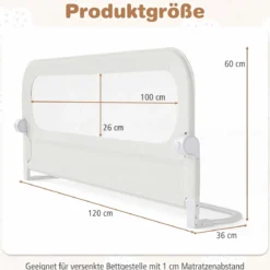 120 x 60 cm Klappbarer Bettgitter mit Abnehmbarem Oxford-Bezug & Gurt Weiß