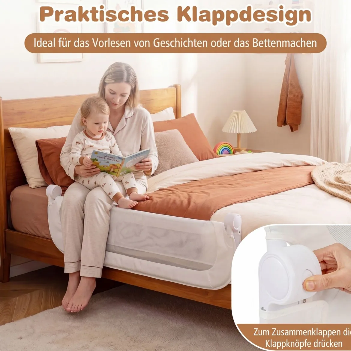 120 x 60 cm Klappbarer Bettgitter mit Abnehmbarem Oxford-Bezug & Gurt Weiß