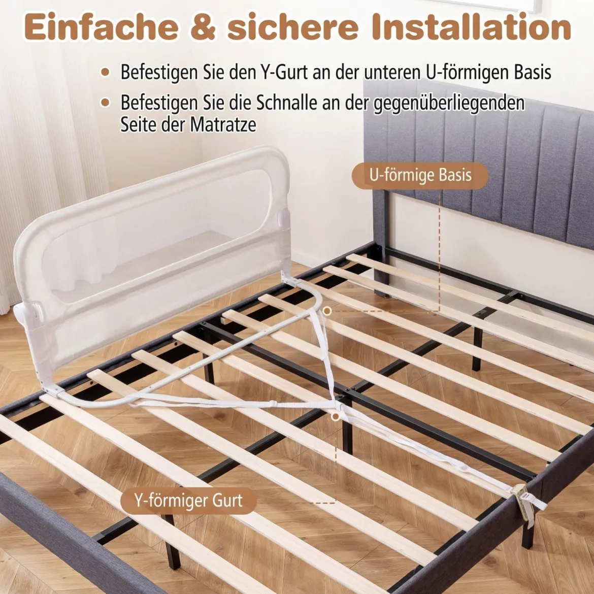 120 x 60 cm Klappbarer Bettgitter mit Abnehmbarem Oxford-Bezug & Gurt Weiß