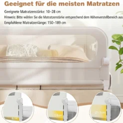 120 x 60 cm Klappbarer Bettgitter mit Abnehmbarem Oxford-Bezug & Gurt Weiß