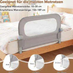 80 x 60 cm Klappbarer Bettgitter mit Abnehmbarem Oxford-Bezug & Gurt Bettschutzgitter Grau