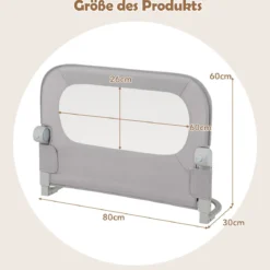 80 x 60 cm Klappbarer Bettgitter mit Abnehmbarem Oxford-Bezug & Gurt Bettschutzgitter Grau