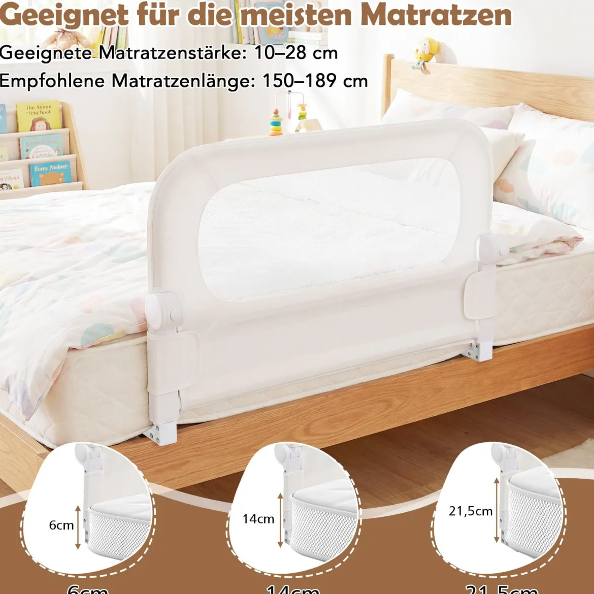 80 x 60 cm Klappbarer Bettgitter mit Abnehmbarem Oxford-Bezug & Gurt Bettschutzgitter Weiß