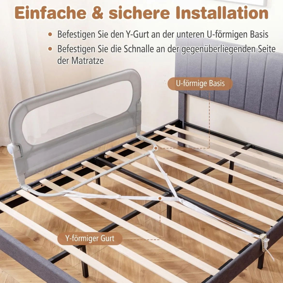 120 x 60 cm Klappbarer Bettgitter mit Abnehmbarem Oxford-Bezug & Gurt Bettschutzgitter Grau