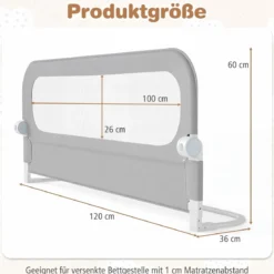 120 x 60 cm Klappbarer Bettgitter mit Abnehmbarem Oxford-Bezug & Gurt Bettschutzgitter Grau