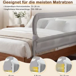 198 x 60 cm Klappbares Bettgitter mit Abnehmbarem Oxford-Bezug Bettschutzgitter Grau