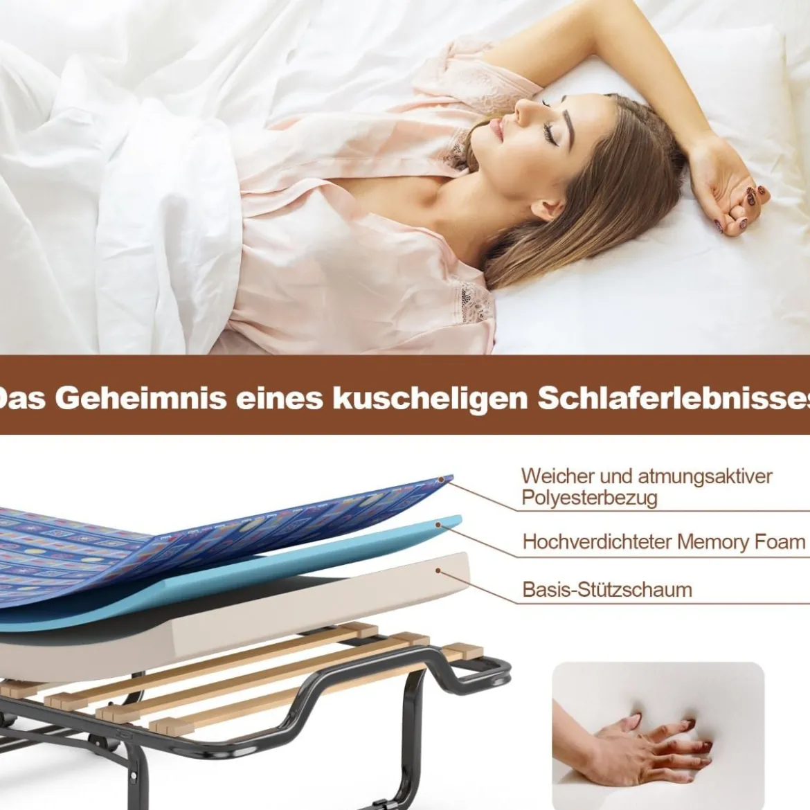 80x 200 cm Klappbares Gästebett Faltbares Faltbett mit Matratze aus Rückstellschaum