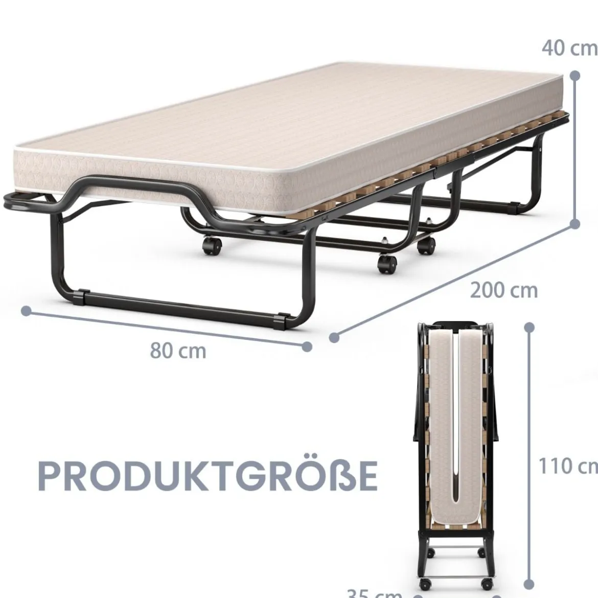 80x 200 cm Klappbares Gästebett Faltbares Faltbett mit Matratze aus Rückstellschaum