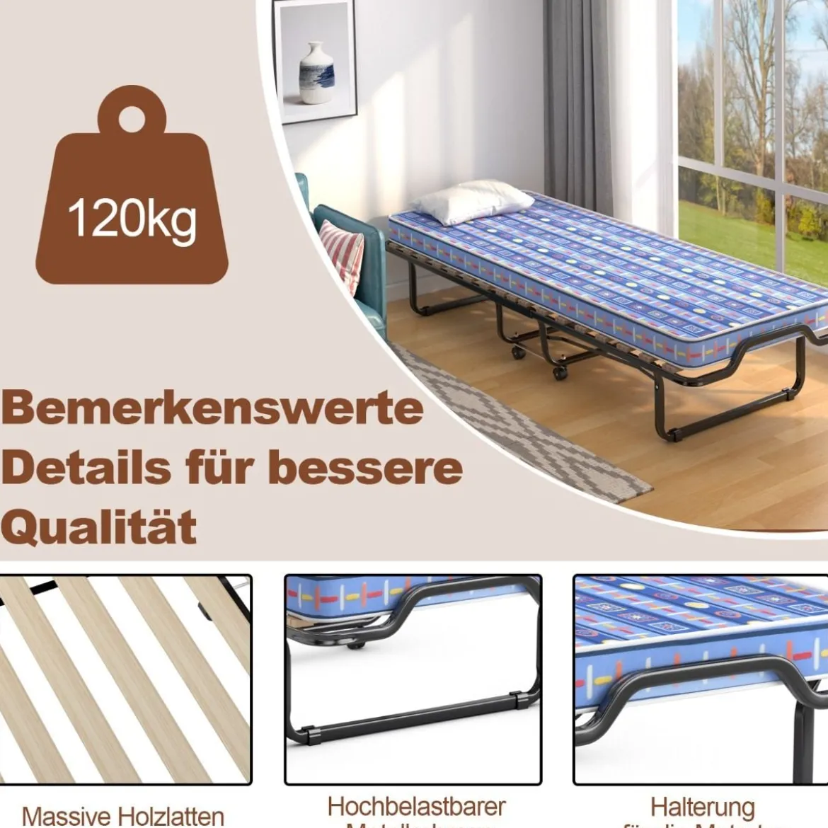 80x 200 cm Klappbares Gästebett Faltbares Faltbett mit Matratze aus Rückstellschaum