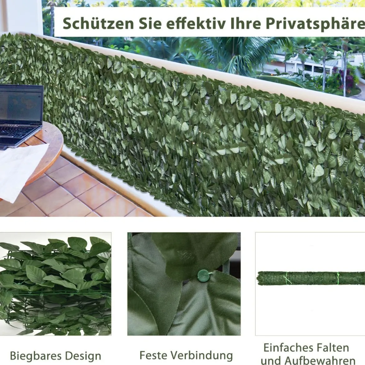 300 x 100 cm Künstliches Pflanzenwand Efeublättern Sichtschutz Heckenpflanze Windschutz