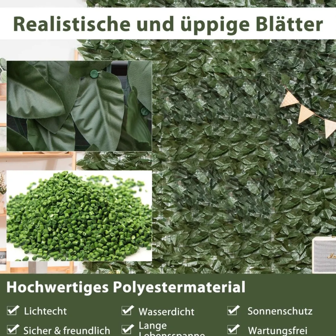 300 x 100 cm Künstliches Pflanzenwand Efeublättern Sichtschutz Heckenpflanze Windschutz