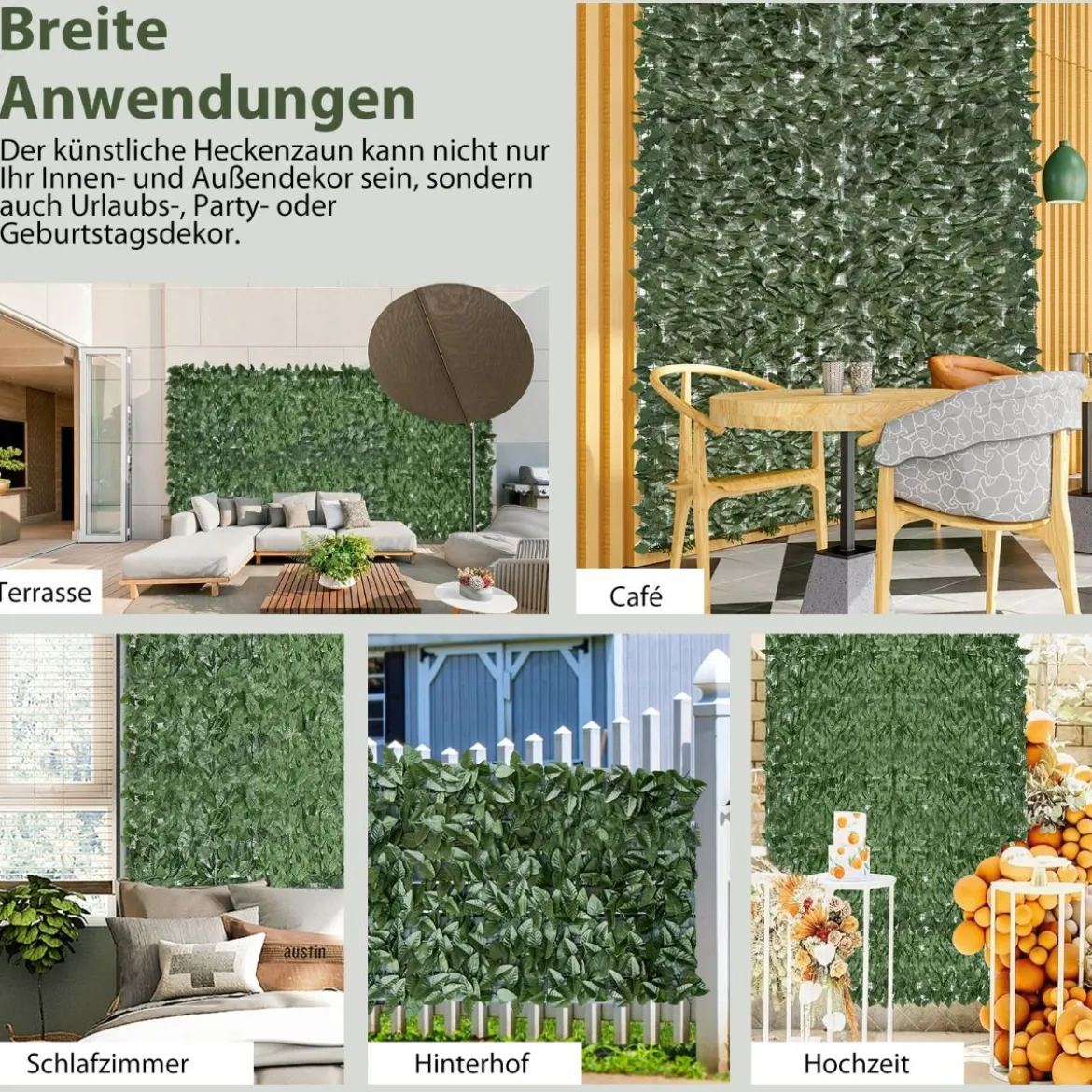 300 x 100 cm Künstliches Pflanzenwand Efeublättern Sichtschutz Heckenpflanze Windschutz