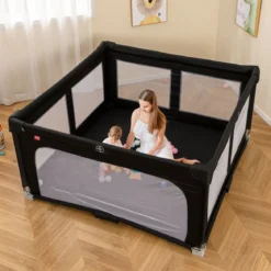 150 x 150 cm Laufstall Baby faltbar Laufgitter mit 50 Bälle 4 Griffe & Reißverschlusstor Hellgrau/Blau