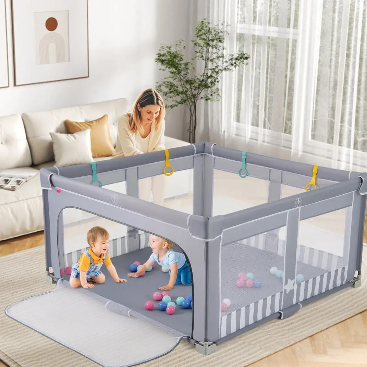 150 x 150 cm Laufstall Baby faltbar Laufgitter mit 50 Bälle 4 Griffe & Reißverschlusstor Hellgrau/Blau