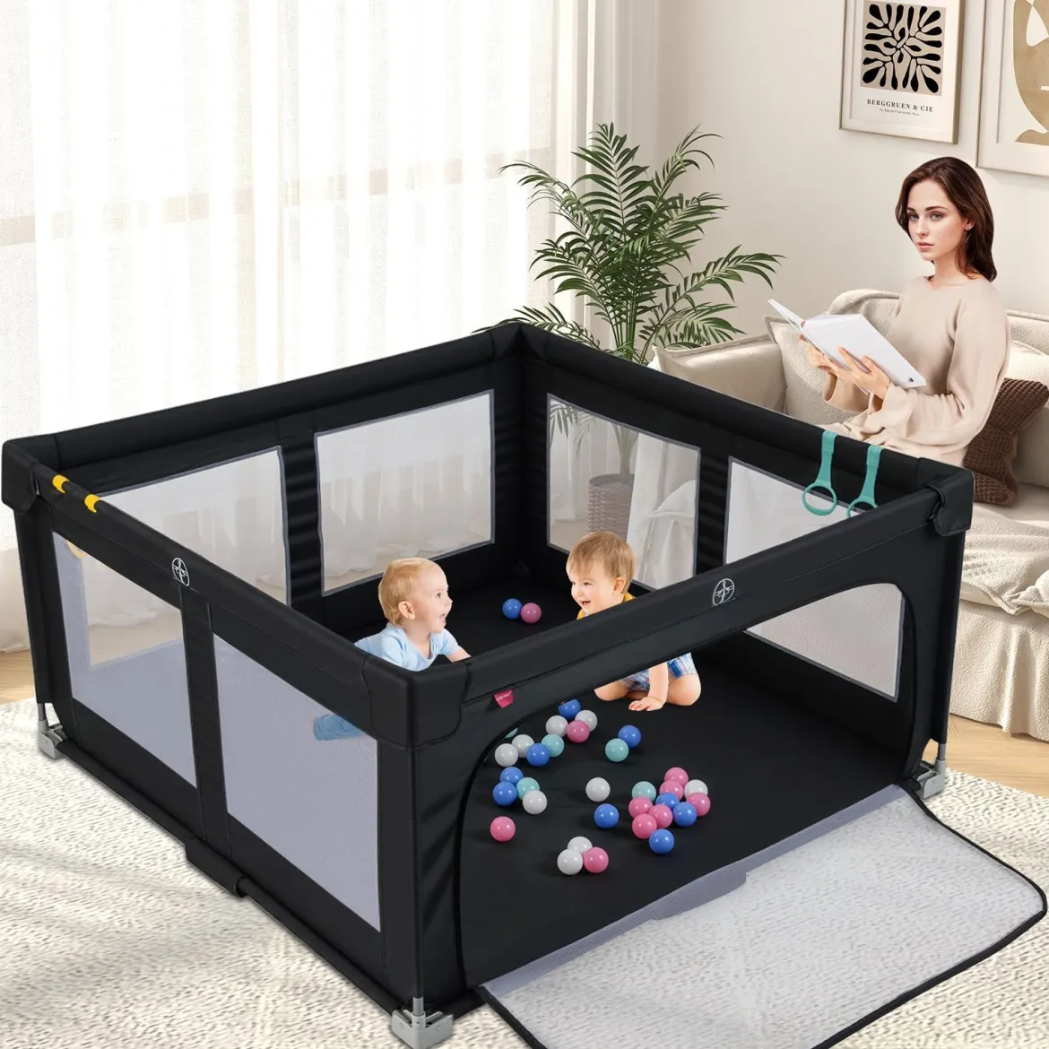 150 x 150 cm Laufstall Baby faltbar Laufgitter mit 50 Bälle 4 Griffe & Reißverschlusstor Hellgrau/Blau