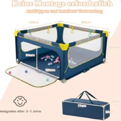 150 x 150 cm Laufstall Baby faltbar Laufgitter mit 50 Bälle 4 Griffe & Reißverschlusstor Hellgrau/Blau
