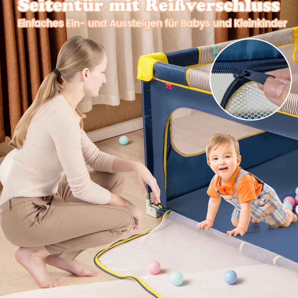 150 x 150 cm Laufstall Baby faltbar Laufgitter mit 50 Bälle 4 Griffe & Reißverschlusstor Hellgrau/Blau