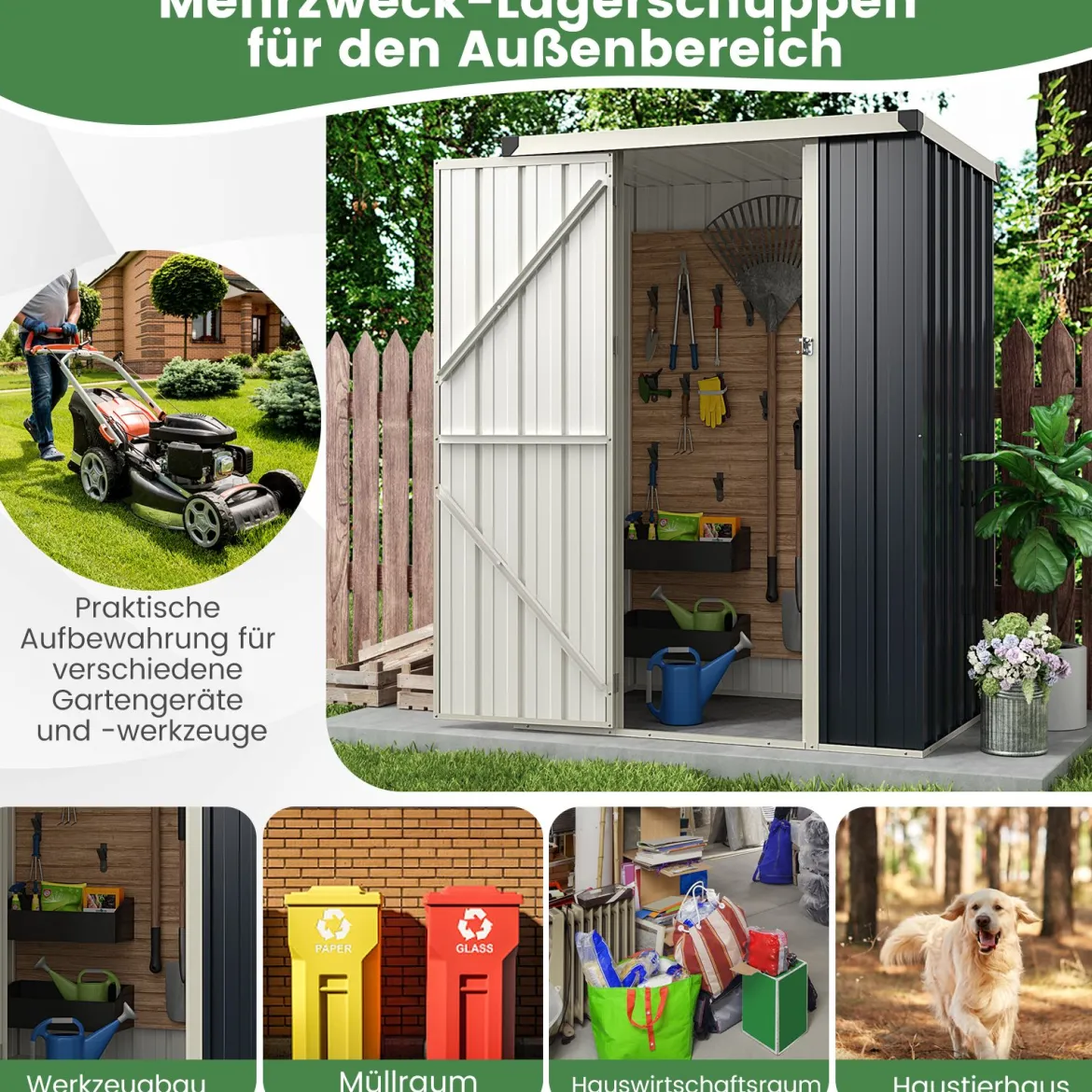 117 x 89 cm Metall Außenschuppen Wetterfest & Rostfreier Farbstahl Werkzeugschuppen mit abschließbarer Tür Grau
