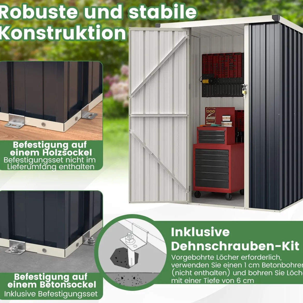 117 x 89 cm Metall Außenschuppen Wetterfest & Rostfreier Farbstahl Werkzeugschuppen mit abschließbarer Tür Grau