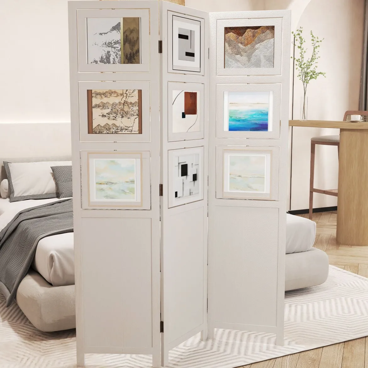 170 x 121 cm Paravent mit 360° Drehbare 9 Fotorahmen Raumteiler aus Paulowniaholz Weiß