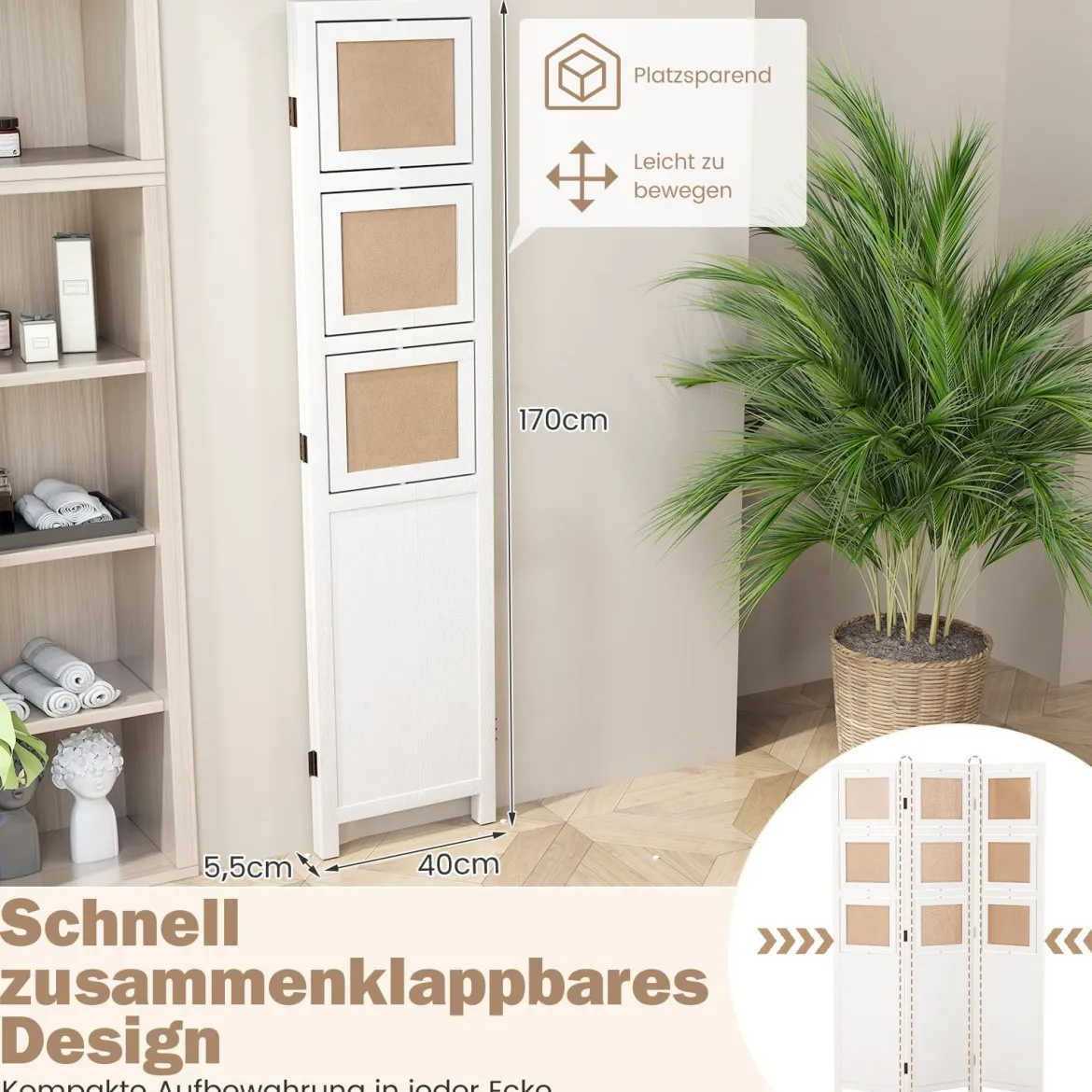 170 x 121 cm Paravent mit 360° Drehbare 9 Fotorahmen Raumteiler aus Paulowniaholz Weiß