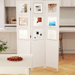170 x 121 cm Paravent mit 360° Drehbare 9 Fotorahmen Raumteiler aus Paulowniaholz Weiß