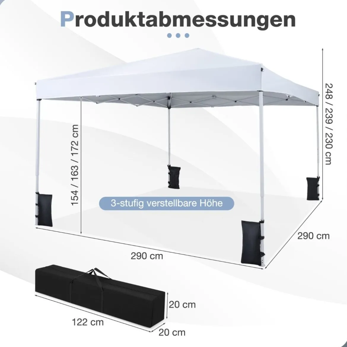 290 x 290 cm Pop-Up-Pavillon Höhenverstellbar Faltbar mit Zubehör für Camping Strand Weiß