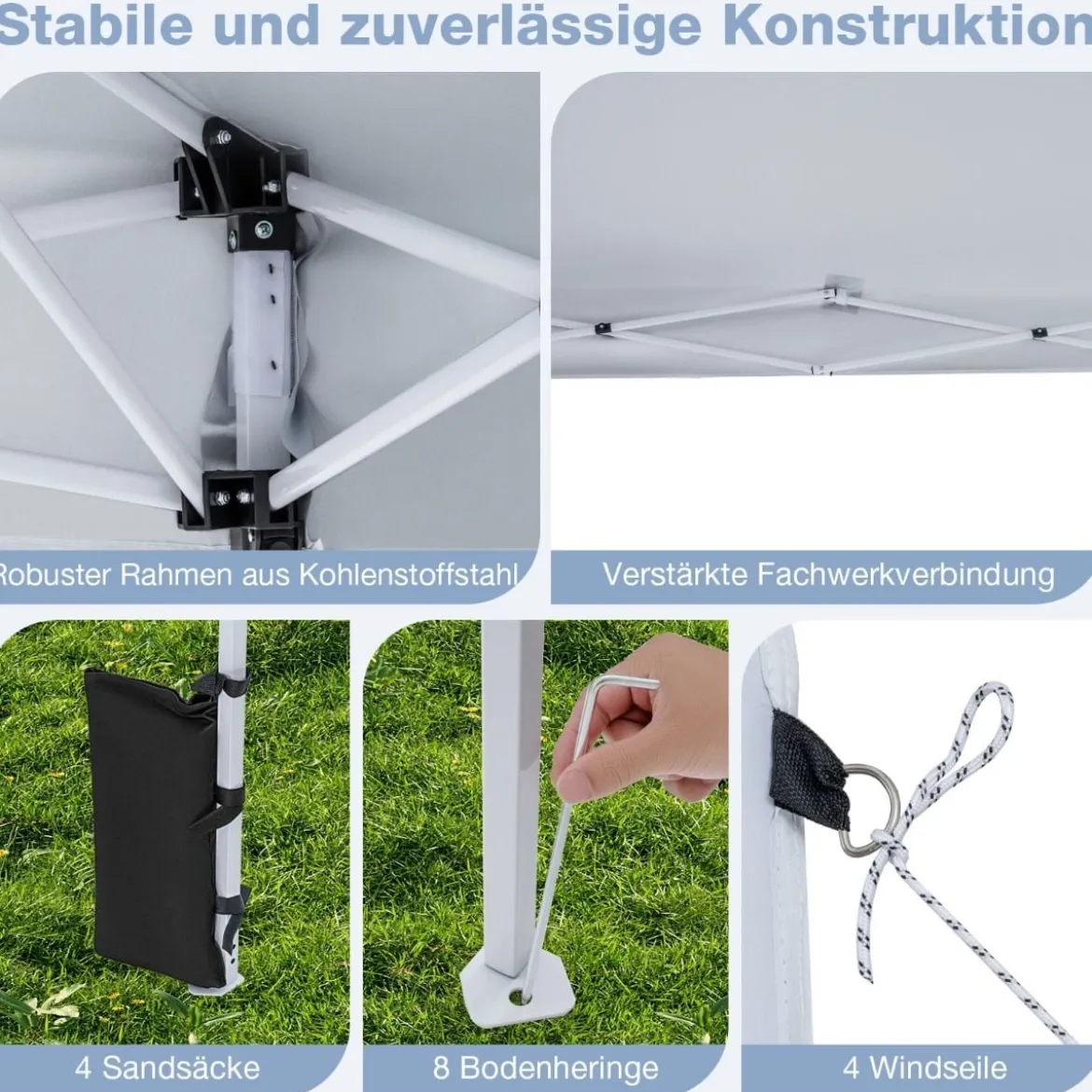 290 x 290 cm Pop-Up-Pavillon Höhenverstellbar Faltbar mit Zubehör für Camping Strand Weiß