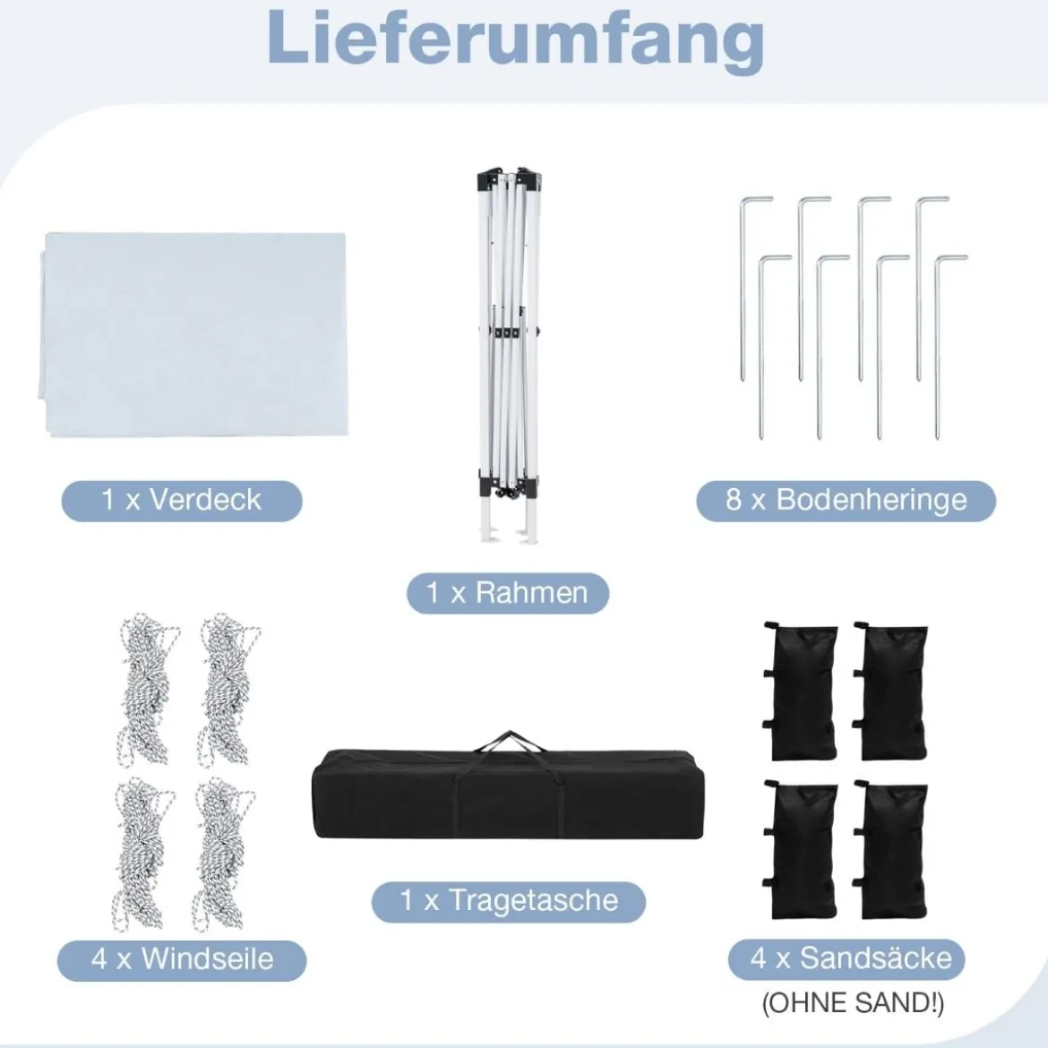 290 x 290 cm Pop-Up-Pavillon Höhenverstellbar Faltbar mit Zubehör für Camping Strand Weiß