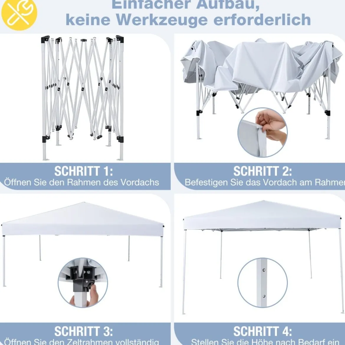 290 x 290 cm Pop-Up-Pavillon Höhenverstellbar Faltbar mit Zubehör für Camping Strand Weiß