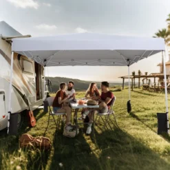 290 x 290 cm Pop-Up-Pavillon Höhenverstellbar Faltbar mit Zubehör für Camping Strand Weiß