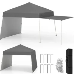430 x 280cm Pop-up Pavillon mit 2 umwandelbaren Seitenwänden zu Markise Campingzelt Partzzelt Grau