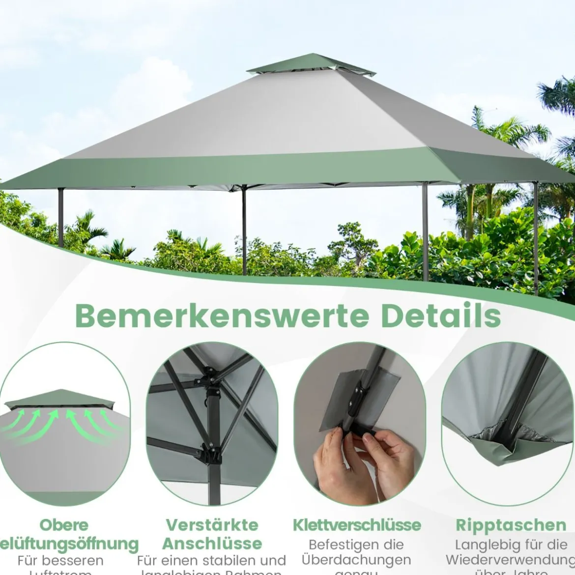 400 x 400 cm Pop-Up-Pavillon UV-Überdachungszelt mit 4 verstärkten Rippen Grün