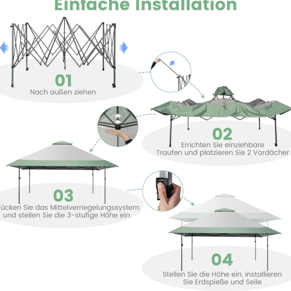 400 x 400 cm Pop-Up-Pavillon UV-Überdachungszelt mit 4 verstärkten Rippen Grün