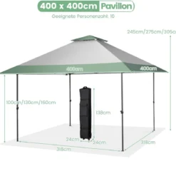 400 x 400 cm Pop-Up-Pavillon UV-Überdachungszelt mit 4 verstärkten Rippen Grün
