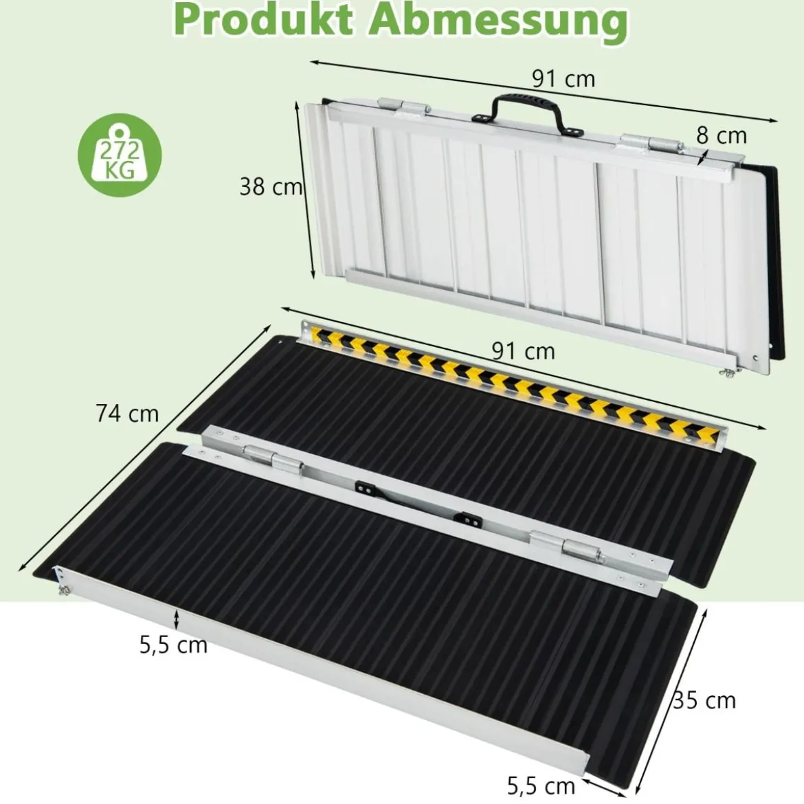 91 x 74 cm Rollstuhlrampe Tragbare & Anti-Rutsch Klapprampe bis zu 272kg Belastbar Aluminium