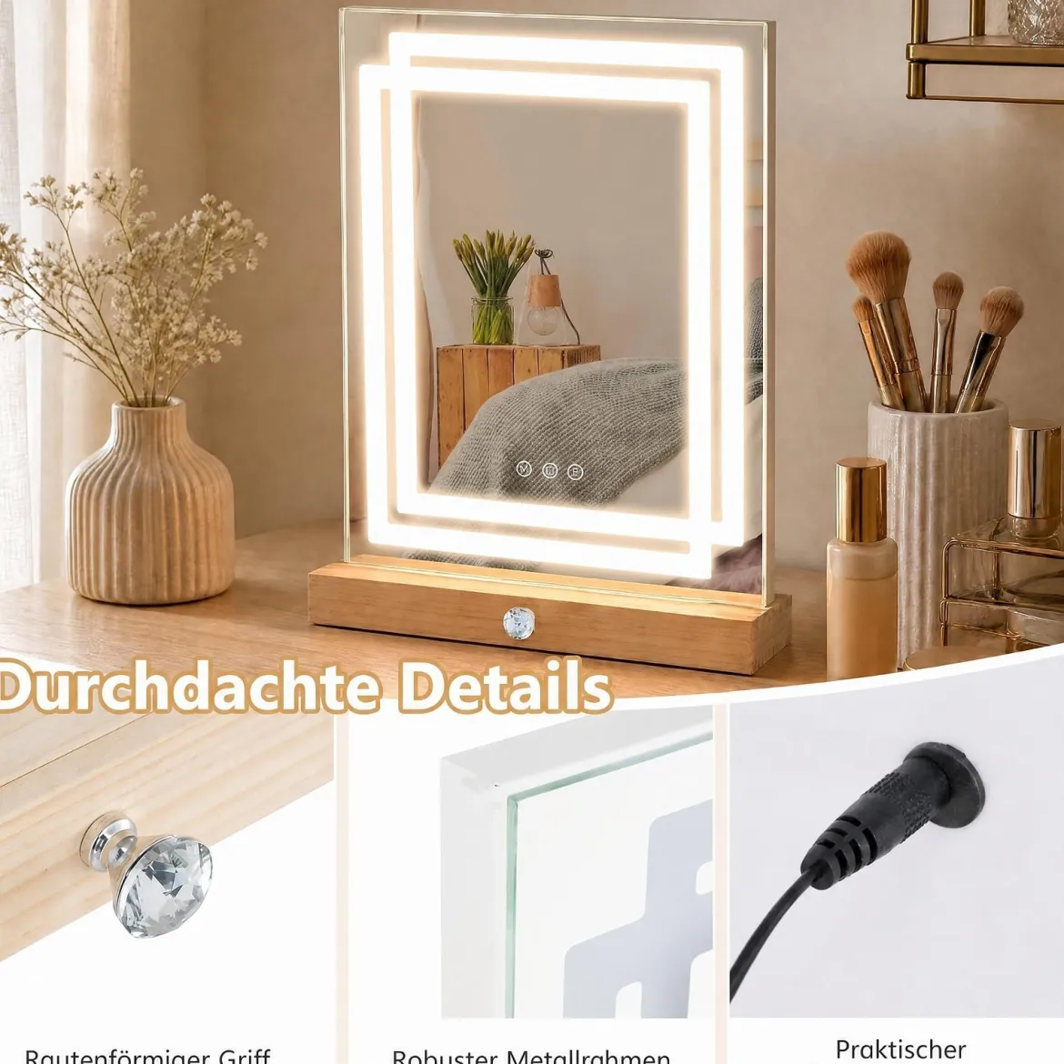 41 x 50 cm Schminkspiegel mit Einstellbare 3-Farben-Beleuchtung Touch-Bedienfeld & Holz Aufbewahrungsbox