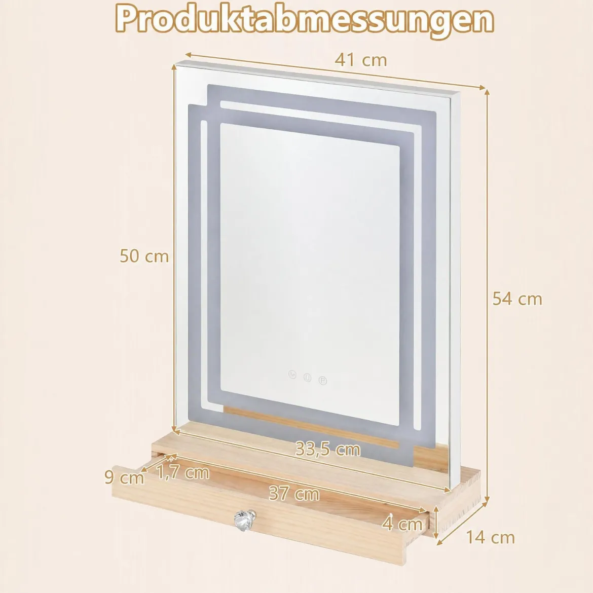 41 x 50 cm Schminkspiegel mit Einstellbare 3-Farben-Beleuchtung Touch-Bedienfeld & Holz Aufbewahrungsbox