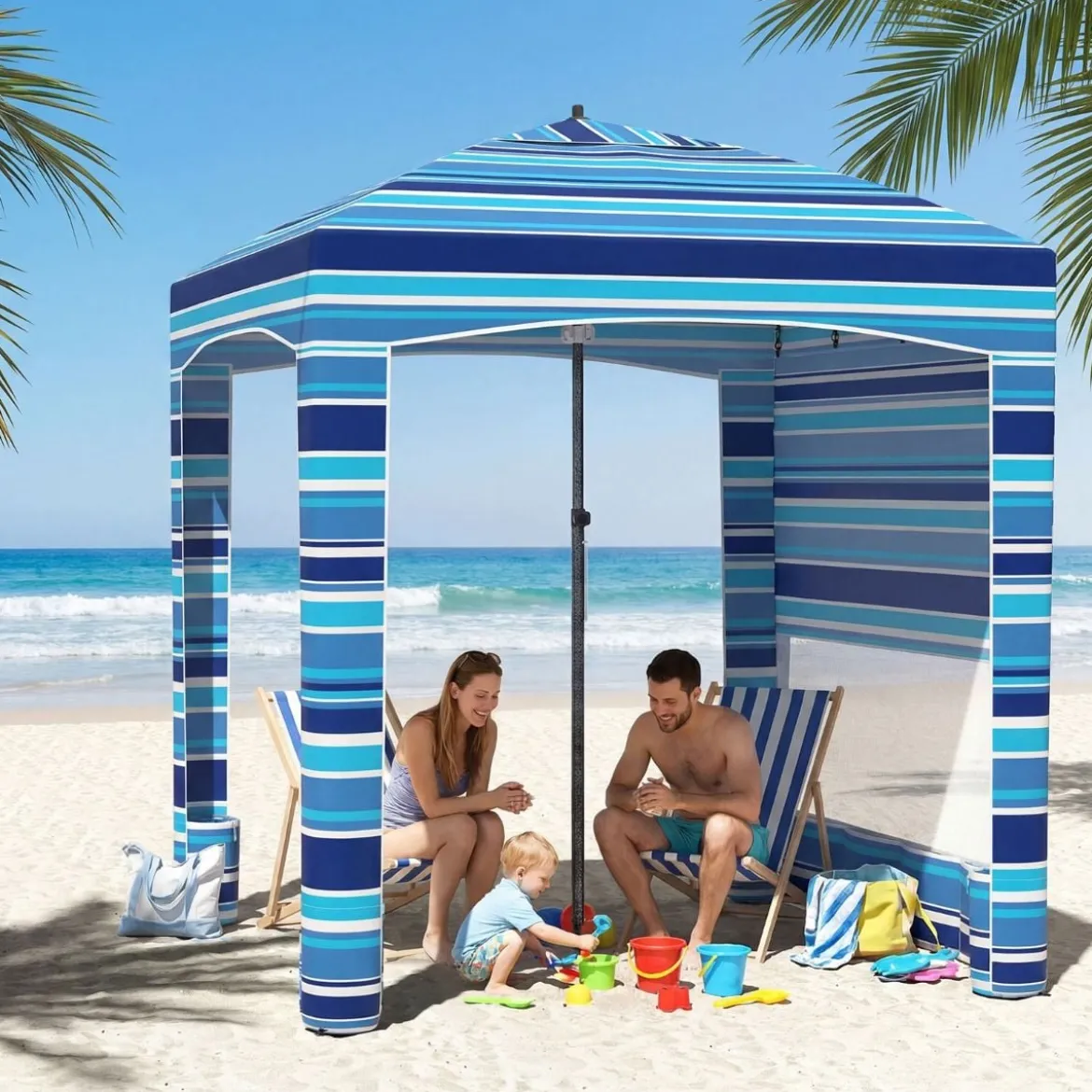 185 x 185 cm Strandzelt Höhenverstellbar Seitenwand Sandsäcke Tragetasche Strand Camping Blau