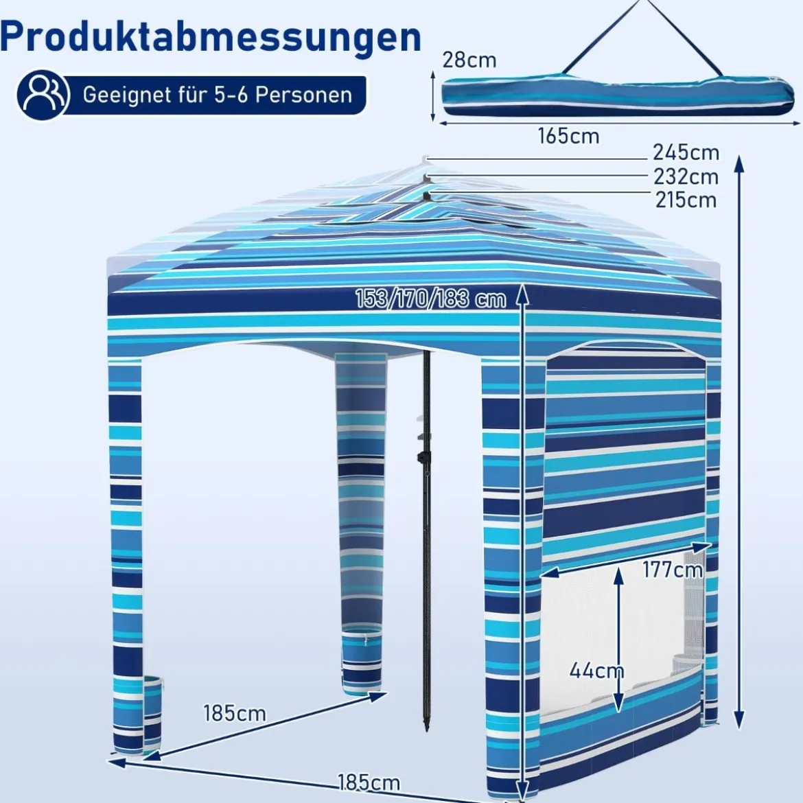 185 x 185 cm Strandzelt Höhenverstellbar Seitenwand Sandsäcke Tragetasche Strand Camping Blau