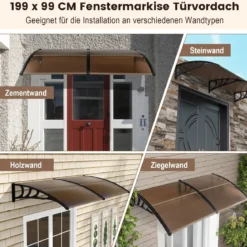 199 x 99 cm Vordach für Haustür Aluminium Überdachung Pultbogenvordach Haustürvordach Kaffee