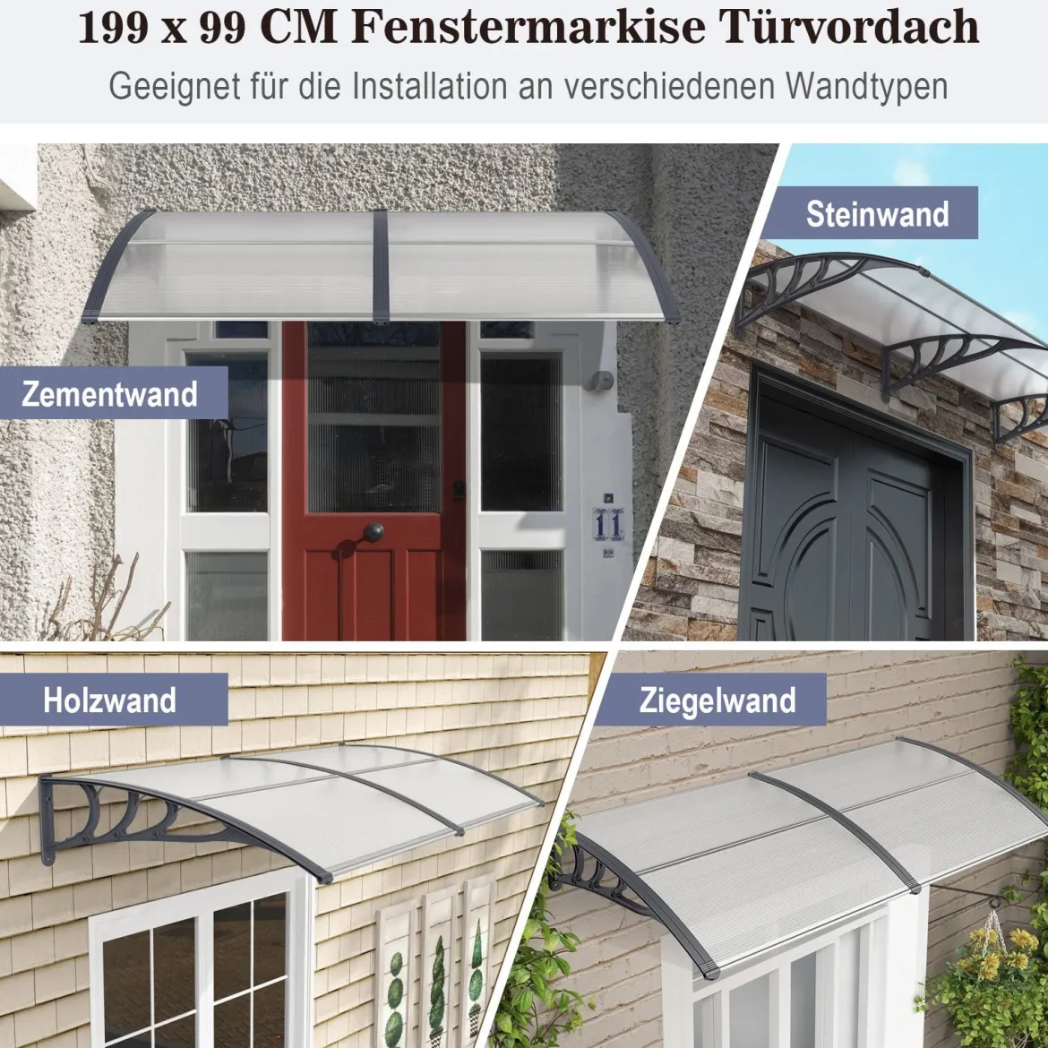 199 x 99 cm Vordach für Haustür Aluminium Überdachung Pultbogenvordach Haustürvordach Grau