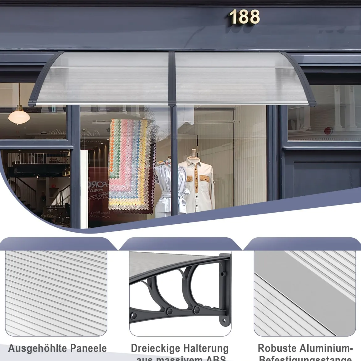 199 x 99 cm Vordach für Haustür Aluminium Überdachung Pultbogenvordach Haustürvordach Grau