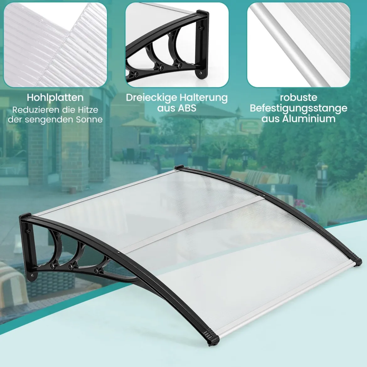 102 x 99 cm Vordach für Haustür Überdachung aus Aluminium und Polycarbonat Silber